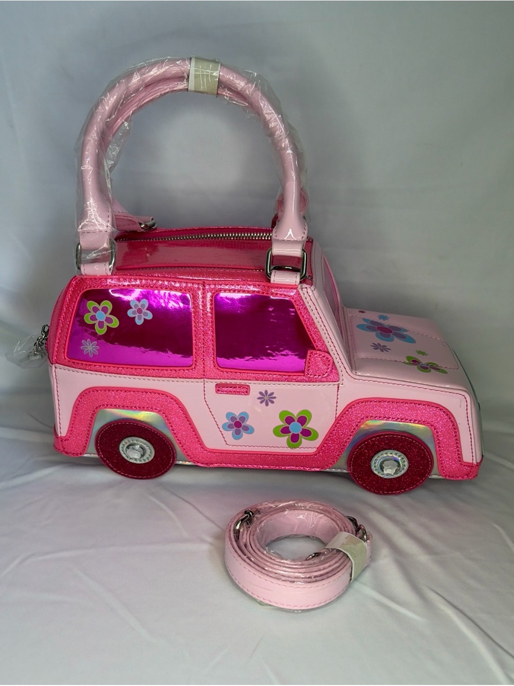 Sugar Thrillz Pink Floral Car Handbag with Hot Pink Windows